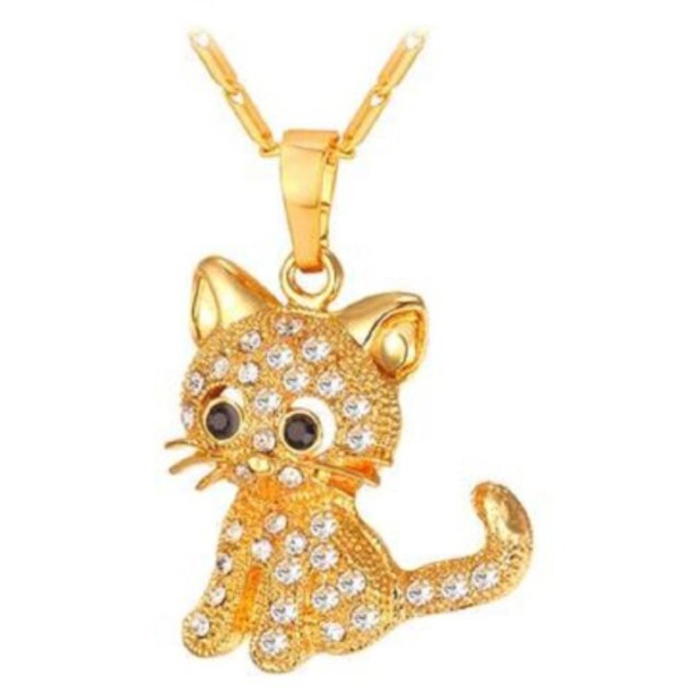 Necklace Austrian Rhinestones Cute Cat Pendant Gold and Silver 22" Length